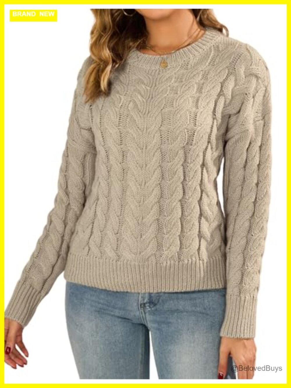 Cable Knit Chunky Sweater Long Sleeve Crewneck Pullover Loose Fit